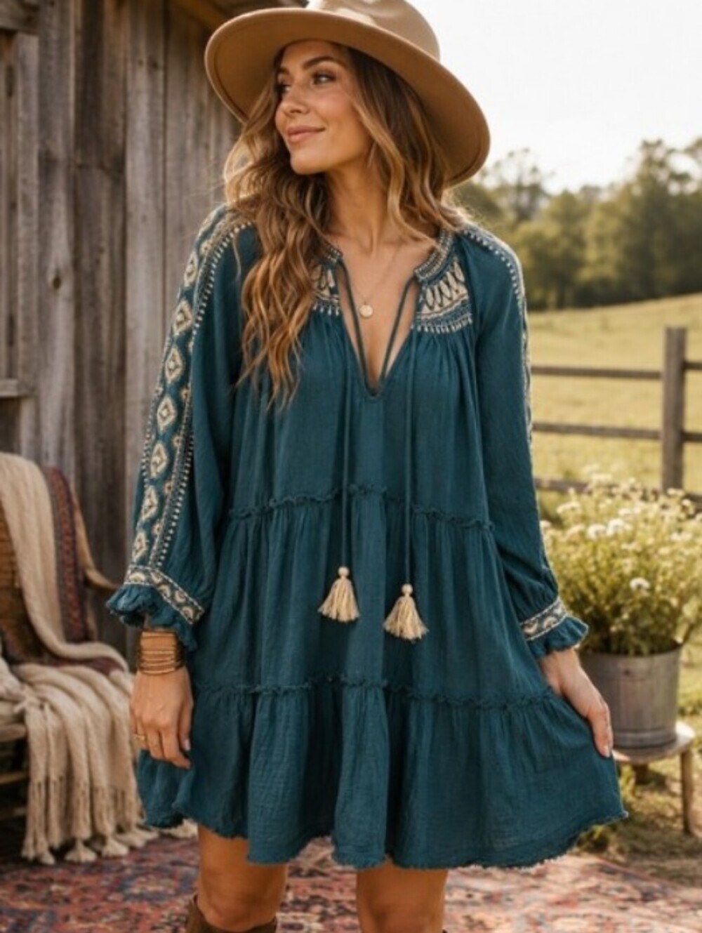 Free People 100% Cotton Teal Cream Boho Embroidered Dress Tunic Size S